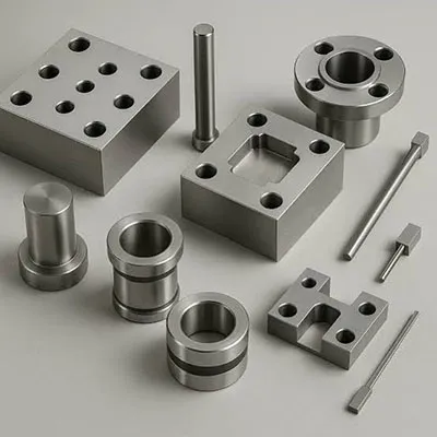 Collection of high precision CNC machined aluminum frames, blocks, cylinders, flanges and rods with intricate holes and slots displayed on a clean background by Yoverd Aluminium