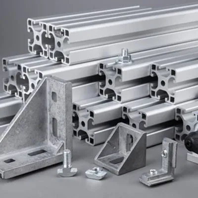 Assortment of silver aluminum extrusion profiles, T-slot beams, angle brackets, mounting plates and hardware components neatly arranged by Yoverd Aluminium