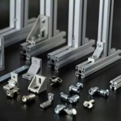 Vertical aluminum extrusion frames with various brackets, joints, connectors and hardware components displayed on dark surface for structural applications by Yoverd Aluminium