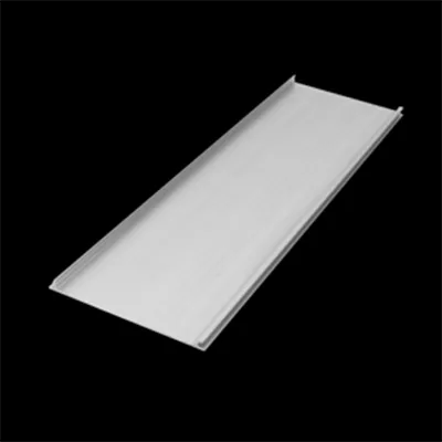 Long flat silver aluminum extrusion with raised side edges designed as a cover or base plate for high-strength roller conveyor systems by Yoverd Aluminium