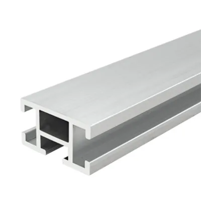 Silver precision aluminum extrusion profile with specialized cross-section for industrial belt conveyor systems shown on white background by Yoverd Aluminium
