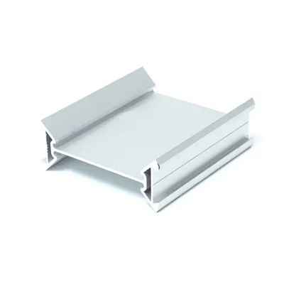 Close-up of silver aluminum extrusion profile with flat top and side channels designed for precision belt conveyor frames on white background by Yoverd Aluminium