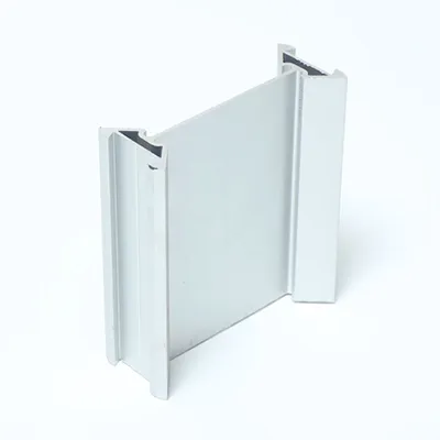 Silver aluminum extrusion profile with side channels and flat face shown in angled view for industrial belt conveyor structures on white background by Yoverd Aluminium