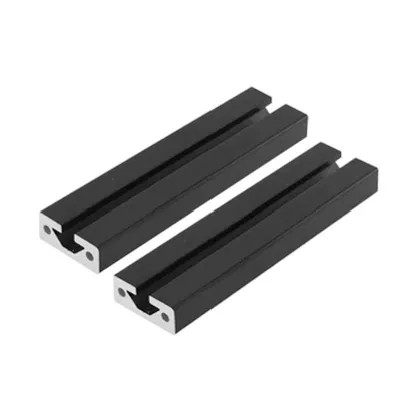 Pair of black precision aluminum guide rail profiles with central channels designed for industrial belt conveyor systems on white background by Yoverd Aluminium
