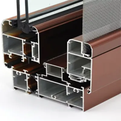 Detailed view of multi-chamber thermal break aluminum door profile in elegant bronze finish with integrated screen and weather sealing for custom energy efficient solutions by Yoverd Aluminium.