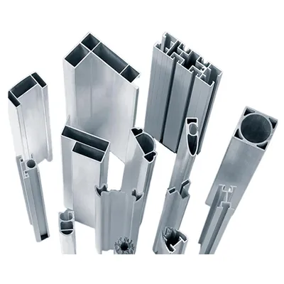 A selection of custom aluminum extrusion profiles with varied cross-sectional designs displayed on a clean white background by Yoverd Aluminium.