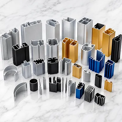 A diverse collection of custom aluminum extrusion profiles in silver, black, gold, and blue finishes, featuring various shapes and sizes arranged on a marble surface for industrial applications by Yoverd Aluminium.