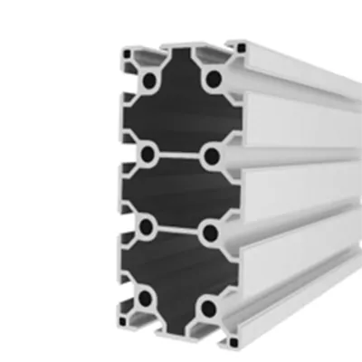 Detailed cross-sectional view of a heavy-duty multi-cavity aluminum structural profile with T-slots, internal chambers and circular mounting holes for industrial framing applications by Yoverd Aluminium.