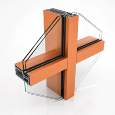 3D cross-section view of high performance thermal break aluminum profile with dual insulated glass panels and orange-coated extrusions for modern facades by Yoverd Aluminium