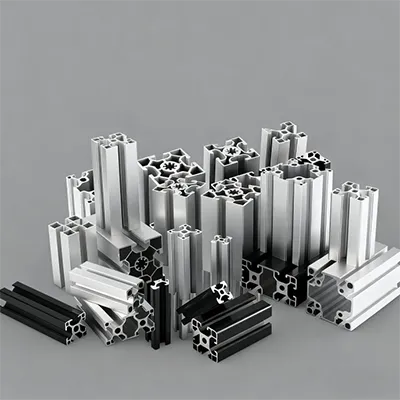A selection of silver and black T-slot aluminum profiles arranged on a gray background, showcasing various extrusion shapes for modular industrial structures by Yoverd Aluminium.