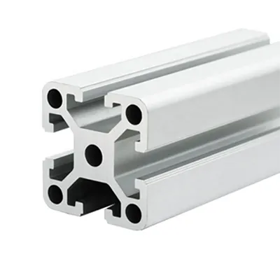 A silver T-slot aluminum extrusion profile with a four-slot cross-section shown on a white background, highlighting its modular structural design by Yoverd Aluminium.