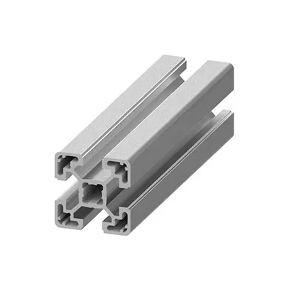 A silver heavy-duty T-slot aluminum extrusion profile with four open channels and a reinforced square core shown on a white background by Yoverd Aluminium.