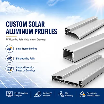 Custom solar aluminum extrusion profiles and PV mounting rails displayed with options for solar frame profiles, custom extrusion based on drawings, and CNC machining by Yoverd Aluminium.