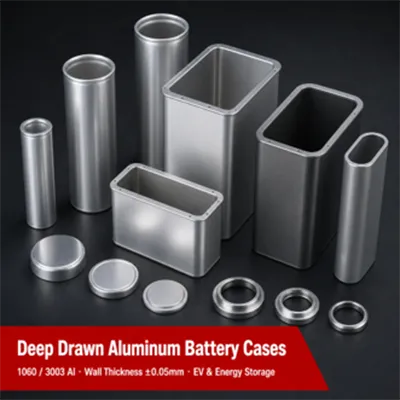 Assorted deep drawn aluminum battery cases in cylindrical, rectangular and oval shapes with matching lids and rings, made from 1060 and 3003 aluminum with precise wall thickness for EV and energy storage systems by Yoverd Aluminium