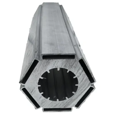 Close-up of a custom hexagonal extruded aluminum profile featuring a central splined bore and multiple peripheral channels designed for structural or thermal management in battery systems by Yoverd Aluminium