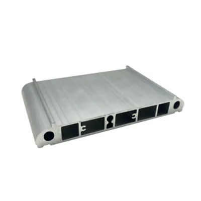 Flat multi-chamber extruded aluminum profile with rounded ends, rectangular channels and specialized internal features designed for structural support or thermal management in battery systems by Yoverd Aluminium