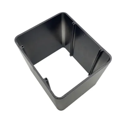 Open rectangular aluminum frame with internal ridges and mounting features, finished in dark coating, designed as a custom enclosure component for battery systems by Yoverd Aluminium