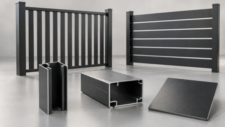 Aluminum fence panel profiles showing vertical pickets, horizontal slats, and rail cross-sections