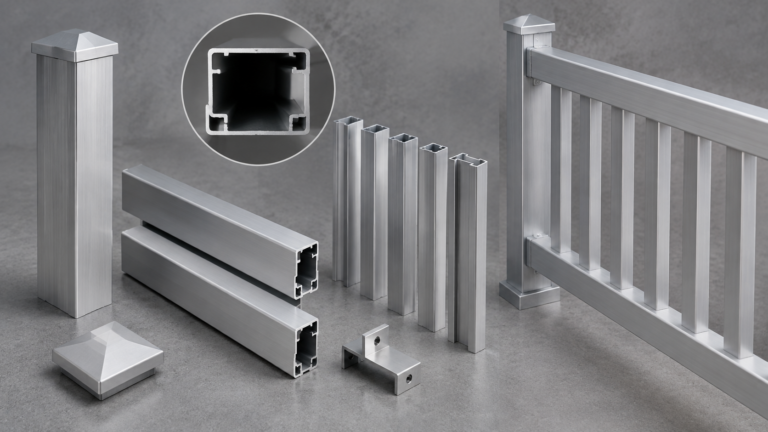 Aluminum fence extrusion profiles with posts, rails, pickets, and a cap