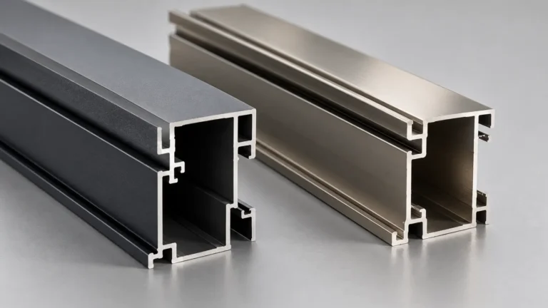 Powder-coated and anodized aluminum profile samples side by side